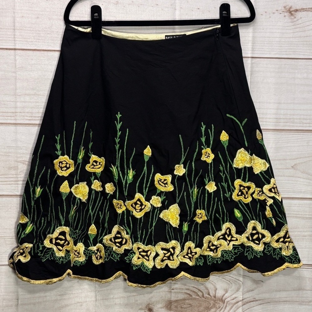 Basil & Maude Black Floral Embroidered Scalloped Hem Skirt Size 8 Festival